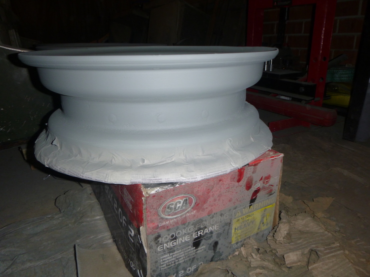 Close-up of wheel in etch primer